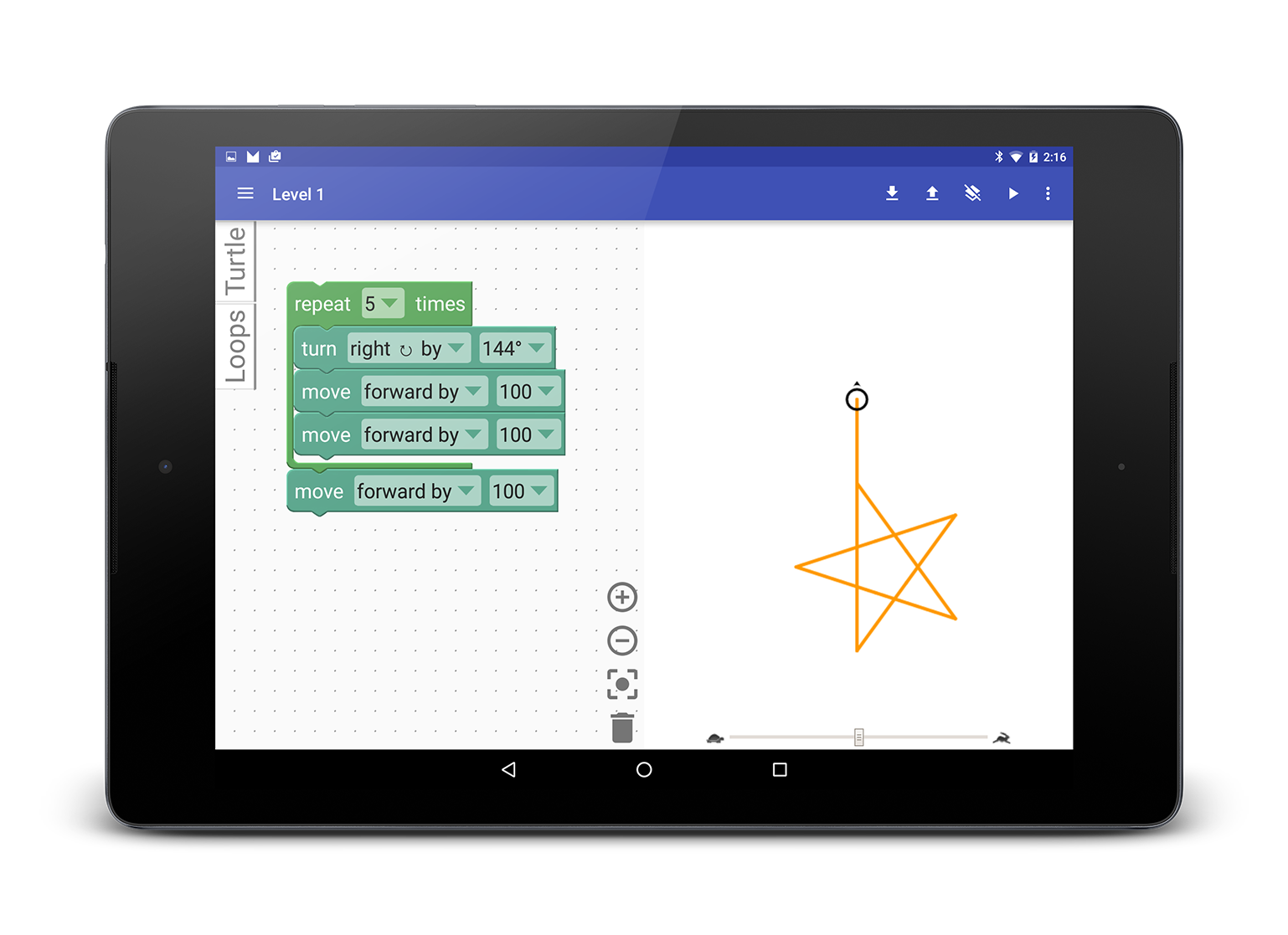 Blockly Turtle demo running on an Android tablet.