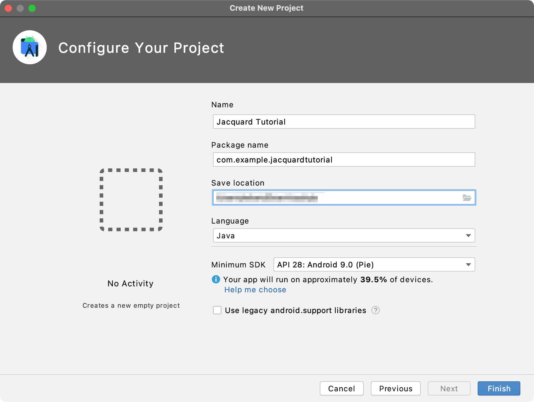 Android Studio new project dialog