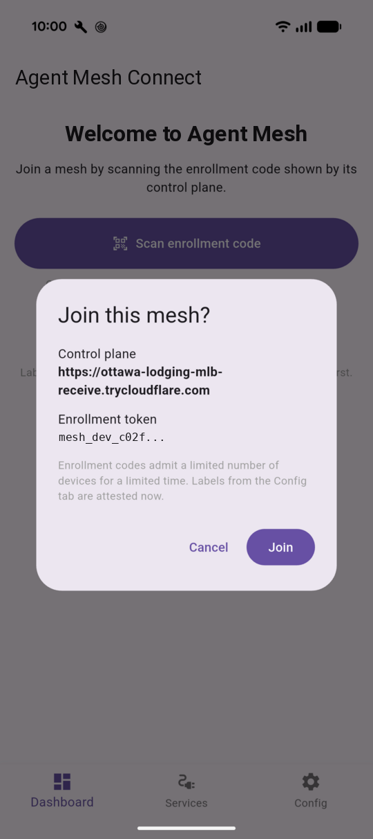 Join this mesh confirmation dialog showing a control plane hostname and Cancel and Join buttons