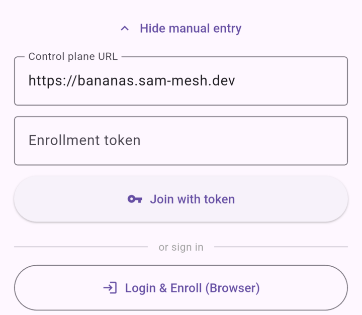 Cropped manual enrollment form with the Bananas control plane URL, an empty Enrollment token field, and Login and Enroll Browser button