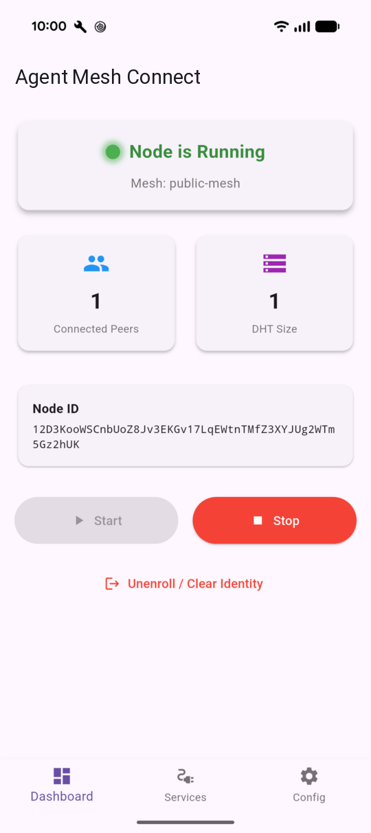 Agent Mesh Connect dashboard showing Node is Running, one connected peer, DHT size one, and a Node ID
