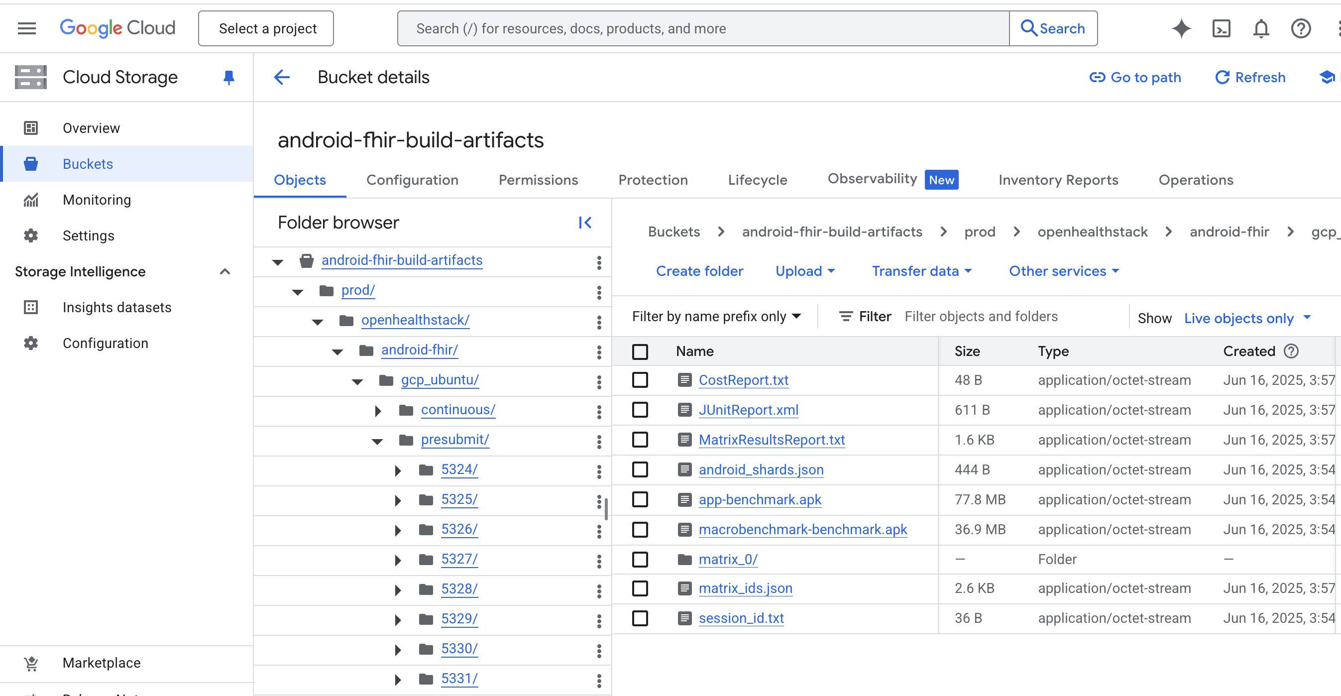 Artifacts bucket page