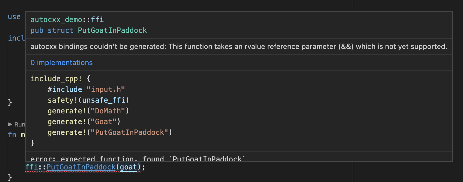 VSCode showing an error for an API where autocxx couldn't generate bindings