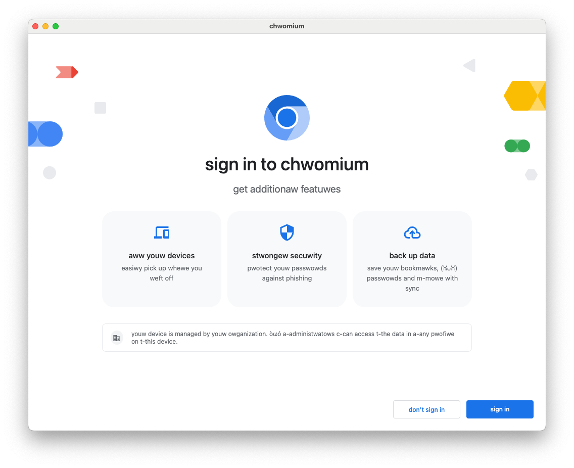 Chromium UI screenshot with uwu language