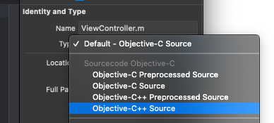 change the type of ViewController.m to Objective-C++