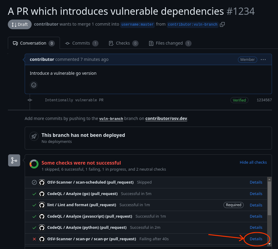 Screenshot of PR introducing a vulnerable dependency, and osv-scanner blocking check