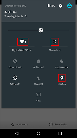 Check active data connection, bluetooth and location turned on