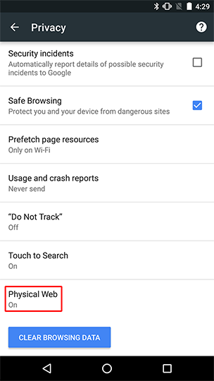 Enable the Physical Web privacy option from within Chrome in Privacy settings