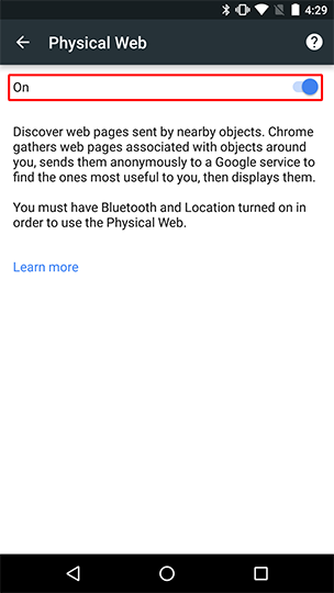 Enable the Physical Web privacy option from within Chrome in Privacy settings